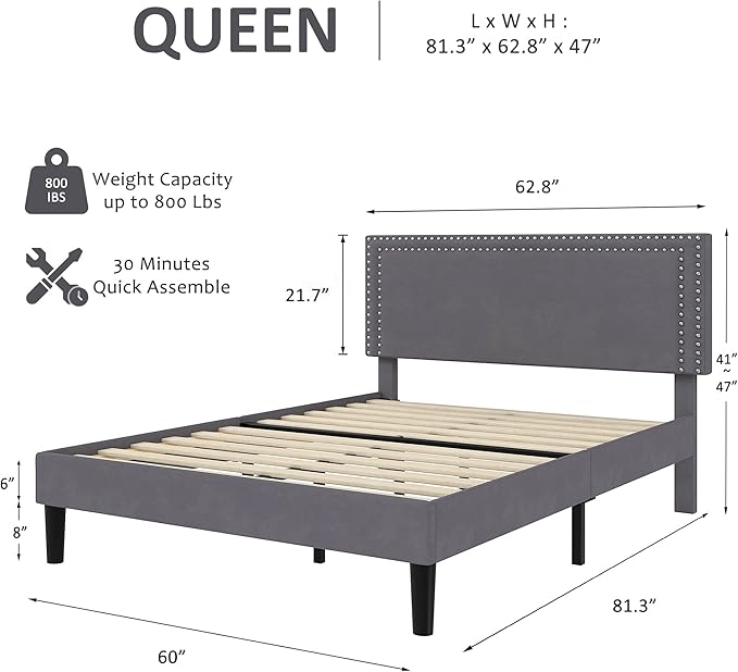 VECELO Queen Size Bed Frame with Adjustable Upholstered Headboard, Wooden Slats Platform, Noise-Free Design, Easy Assembly