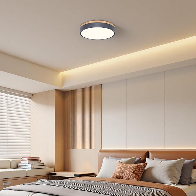Modern Dimmable LED Close to Ceiling Light Minimalist Wood Oak Flush Mount Ceiling Light Fixture with Lampshade for Bedroom Living Room Bathroom Laundry Room (Grey-Dimmable, 11.8''/30cm)