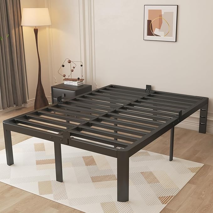 16 Inch Black King Size Bed Frame, Metal King Platform Bed Frame with Baffles, No Box Spring Needed, Heavy Duty Steel Support, Round Corner Design, Storage Space, Reserved Holes, Noiseless