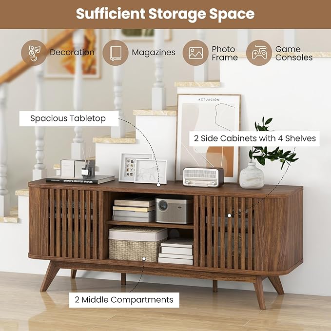 Giantex Fluted TV Stand for TVs up to 60", Mid Century Modern Entertainment Center w/Storage, 2-Door TV Cabinet w/Adjustable Shelves, Media Console Table for Living Room, Bedroom, Walnut
