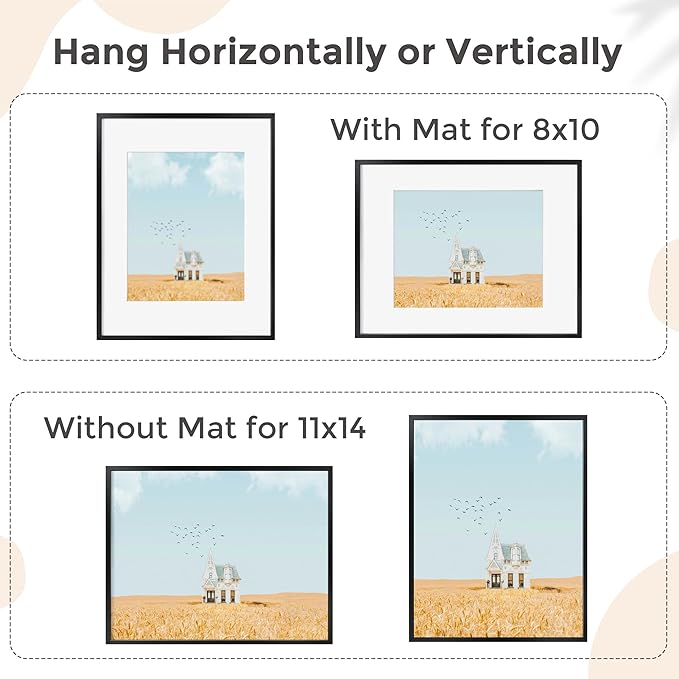 11x14 Picture Frame - 11 by 14 Metal Picture Frame With Mat For 8x10 | 14x11 Frame Aluminum | Plexiglass And Hanging Hardware Included | 11x14 Poster Frame | Black