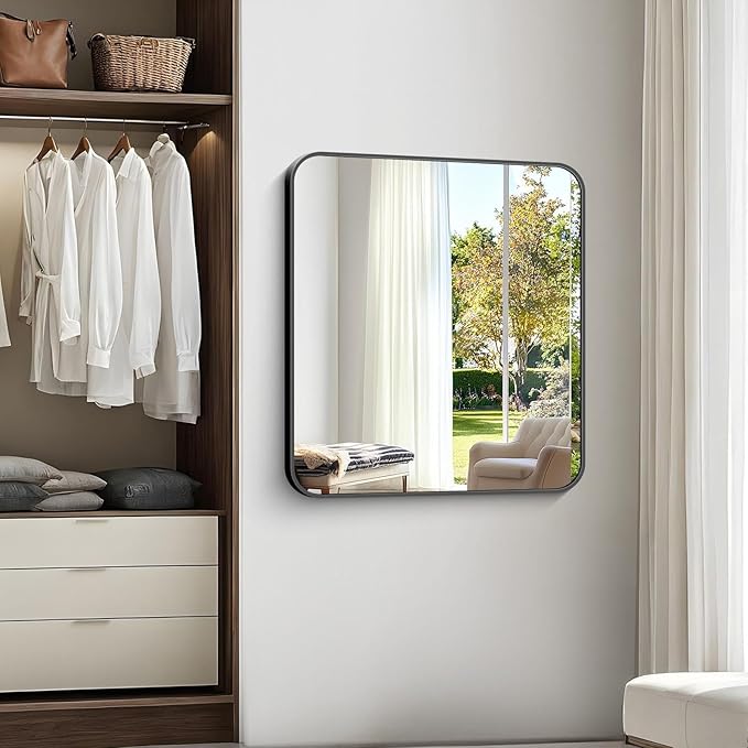 Bathroom Mirror, 40 x 36 inch Black Rectangle Wall Mirror, Metal Frame Rectangular Vanity Mirror, Rounded Corner Wall Mounted Mirror for Modern Bedroom Living Room Hangs Horizontal/Vertical