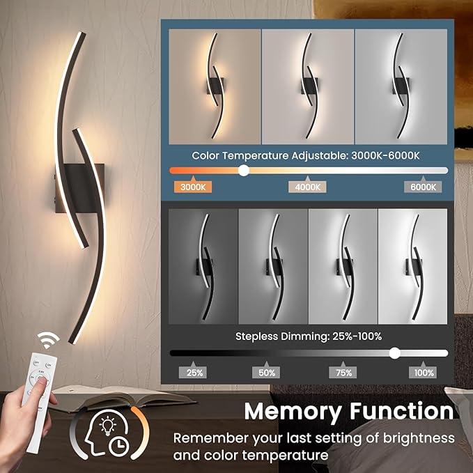 15000mAh Battery Operated Wall Sconce Set of 2,Black Wall Sconces with Remote Control,3000K-6000K Modern LED Wireless Wall Light for Living Room, Hallway, Bedroom, 39.3 Inch (2 Pack)