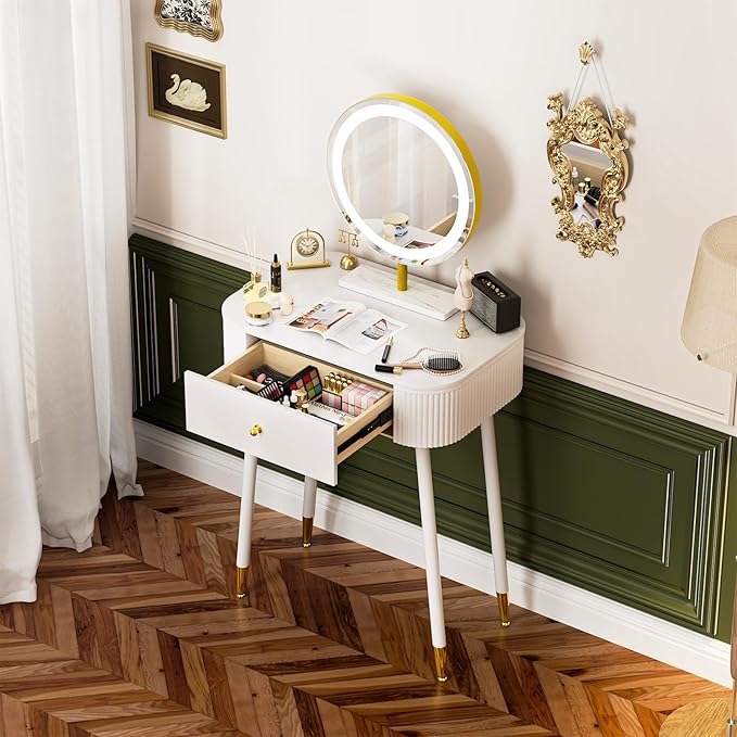 WinZo 24" Vanity Desk with Mirror and Lights, Small Makeup Vanity Table with 1 Storage Drawers, 3 Color Touch Screen Stylish Dressing Table for Small Spaces & Bedroom, White