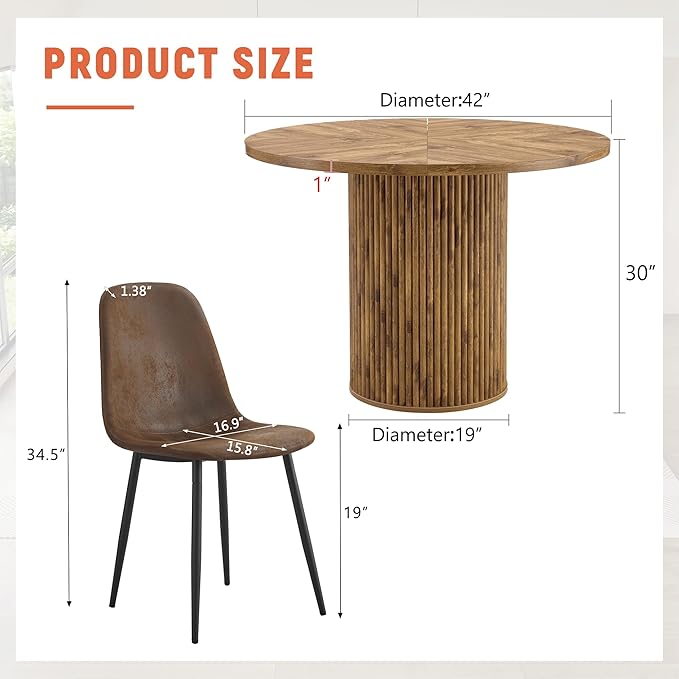 AZmac Round Dining Table Set for 4, Wooden Round Table 5-Piece with Modern Farmhouse Dining Table and 4 Suede Leather Chairs for Kitchen Dining Room, Wooden Table + 4 Brown Chairs