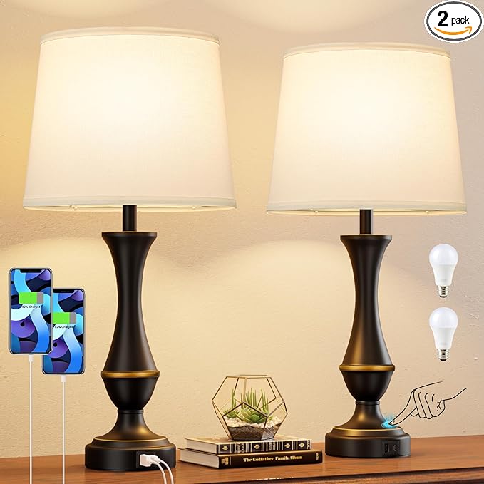 Upgraded Touch Lamps for Bedrooms Set of 2 - Nightstand Table Lamp with USB C+A, 3 Way Dimmable Lamps for Living Room, Office(White)