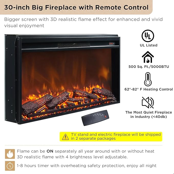 OKD Luxury 70" Fluted Fireplace TV Stand, Modern Chic Entertainment Center for TVs Up to 80 inches, TV Console with Faux Marble Top, Curved Profile Design, Media Console for Living Room, Natural Oak