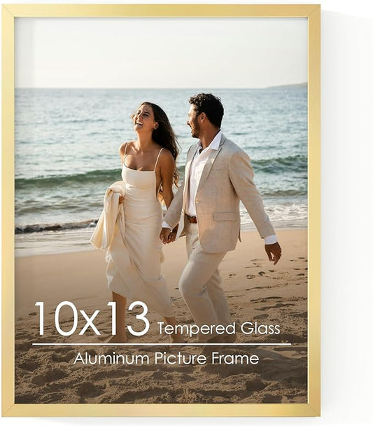 10x13 Metal Picture Frame - Gold Aluminum Picture Frame with Real Glass, Wall Mounting Horizontally or Vertically, Simple and Elegant Decor for Wall Gallery Poster Photo 13x10 Frame, Gold