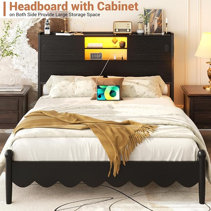 Homieasy Headboard for Full Size Bed with Storage, Sturdy Bookcase Headboards with Outlet, USB & LED Light, Full Size Headboard Only, Head Board with Sliding Doors & Bed Adapter for Bedroom, Black