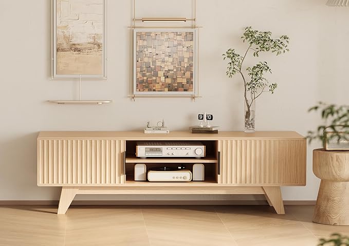 Claiks Mid-Century Modern TV Stand for 75 inch TV, Wood Fluted TV Stand with Storage and Adjustable Shelves, Low Profile TV Console for Living Room, Oak