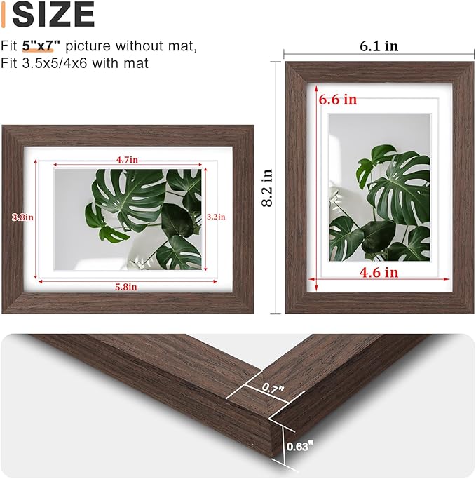 Egofine 5x7 Picture Frame Made of Solid Wood with Plexiglass, Display Pictures 3.5x5/4x6 with Mat or 5x7 Without Mat for Tabletop and Wall Mounting, Rustic Brown