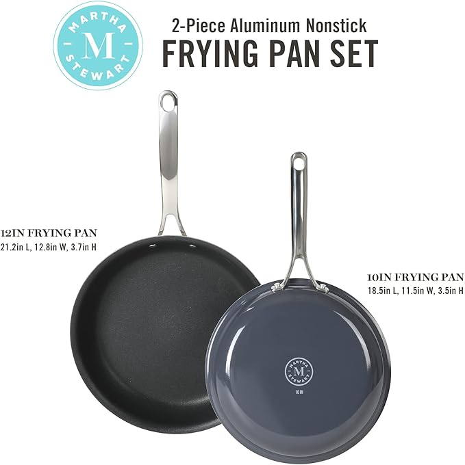 MARTHA STEWART Lockton 2 Piece 10" & 12" Heavy Gauge Aluminum Premium Nonstick Fry Pan Set - Grey