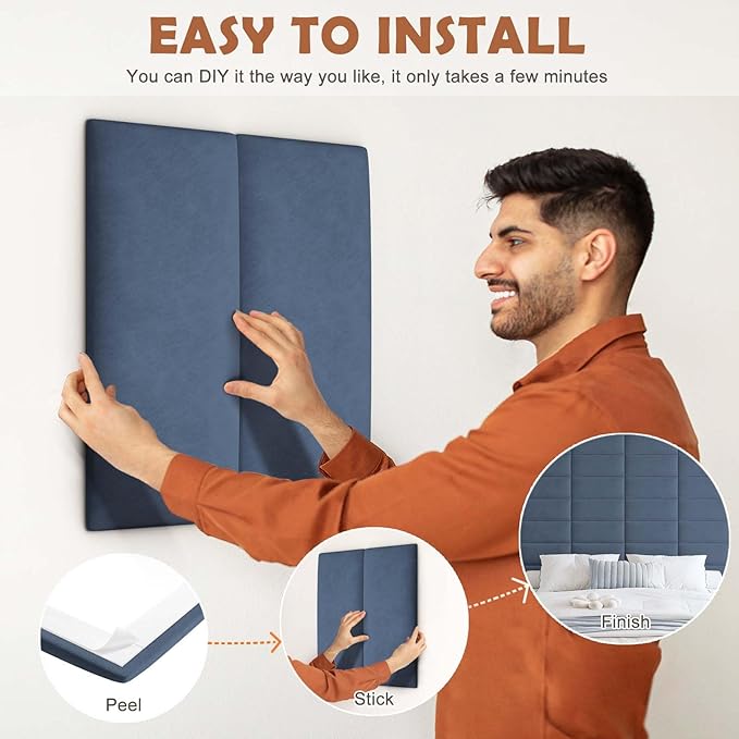 IFNOW Wall Mounted Upholstered Headboard Queen, 3D Peel and Stick Soundproof Panels, Reusable and Removable Padded Leather Bed Headboard, 9 Panels 9.84" x 23.62", Navy Blue