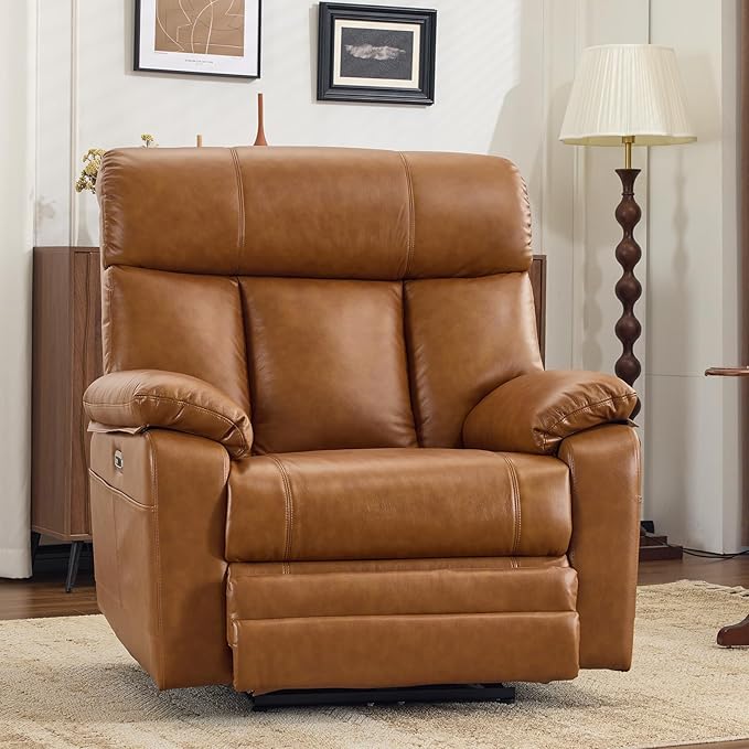AEDI 450lbs Genuine Leather Power Recliner Chair for Big and Tall Adults Oversized Electric Reclining Sofa for Living Room,Extra Wide 27.5” Seat,Extended Footrest,USB Charging(Top Grain Leather,Camel)