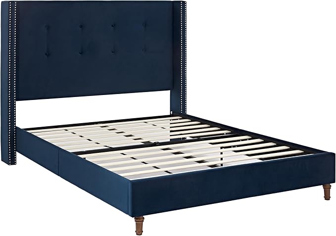 GDFStudio Tall Headboard Upholstered Bed,King Size Platform Bed Frame with Headboard Nailhead Trim Wingback,54" High No Box Spring Needed Easy Assembly Traditional Hand Buttoned Tufting Blue Velvet