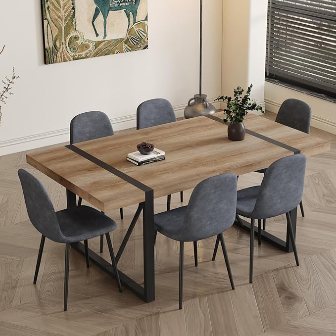 Dining Table Set for 6，Dinner Table Set for 6，71'' Kitchen Table and Suede Nap Fabic Chairs Set of 6，6 Chair Dining Table Set for Kitchen Dining Room
