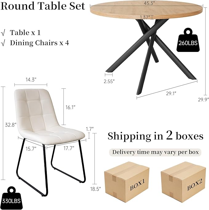 45.3 Inch Round Dining Table Set for 4, Mid Century Modern Small Kitchen Coffee Set for Dining Room Kitchen Apartment (Oak Table + 4 U-Shaped White Chairs)