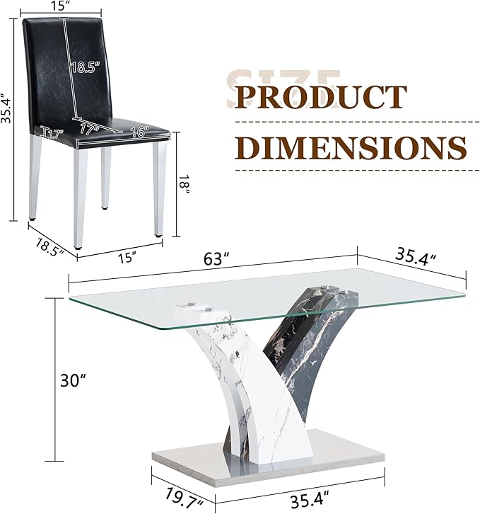 Glass Dining Table Set for 6, 63” Kitchen Table Set for 6, Modern Dining Room Table Set with Upholstered Chairs, Tempered Glass Tabletop with Y Shape Base