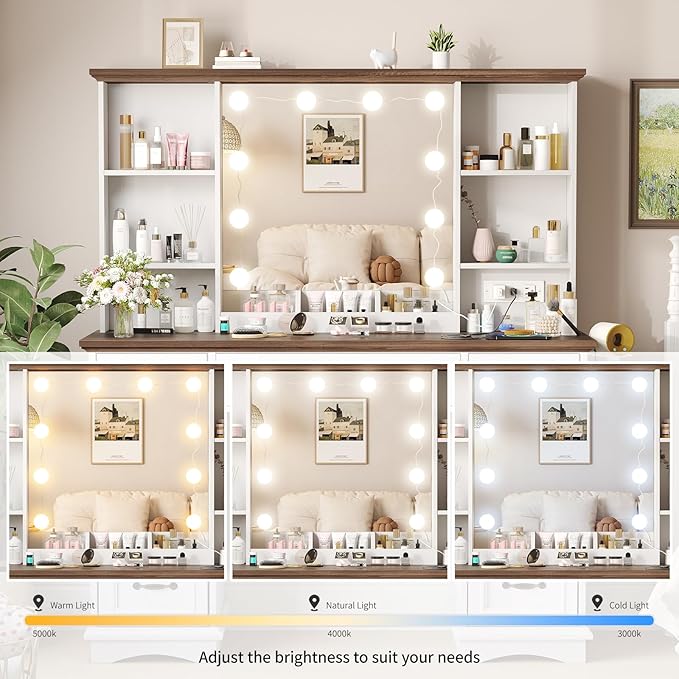 Maupvit Vanity Desk with Mirror and Lights，Large Makeup Table with Storage，White Vanity with Drawers and Shelves，Bedroom Dressing Table