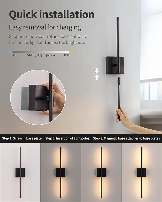 KDG Cordless Wall Sconces with Remote Control, Wireless 7000mAh Rechargeable Battery Operated LED Wall Lamps, 360° Rotate Lightings for Wall Painting, Bedroom, Hallway, Night Light 23.6 inch (Black)