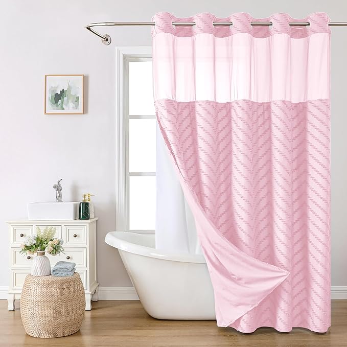 Extra Long No Hook Boho Farmhouse Shower Curtain with Snap-in Fabric Liner set-71Wx86H(84H),Pink Tufted Chevron Striped Hotel Grade Cloth Shower Curtains for Bathroom,Water Repellent