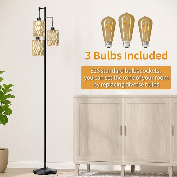 Oneach 70" Floor Lamps for Living Room, Stepless Dimmable Boho Floor Lamp with 3 Bulbs, Tall Farmhouse Industrial Corner Standing Tree Lamp for Bedroom, Office, Study Room, Rattan with Linen Shade