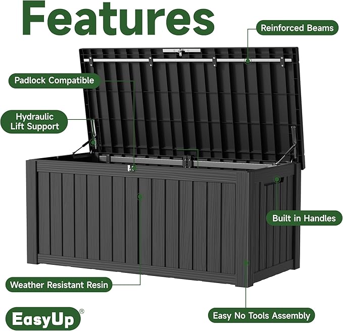 120 Gallon Outdoor Storage Box, Resin Waterproof UV-Resistant Deck Box with Hydraulic Lid Support, Reinforced Stability for Patio, Garden, and Poolside, Striped Black