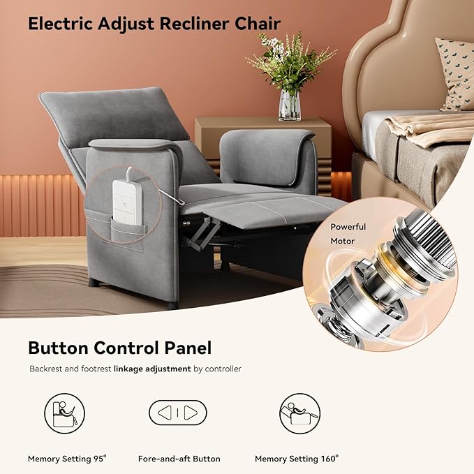 Recliner Chair，Electric Adjustable Flannelette Recliner with Remote Control and Padded Backrest,Home Theater Recliner Single Sofa Seat with Thick Seat Cushion for Living Room Bedroom (Grey)