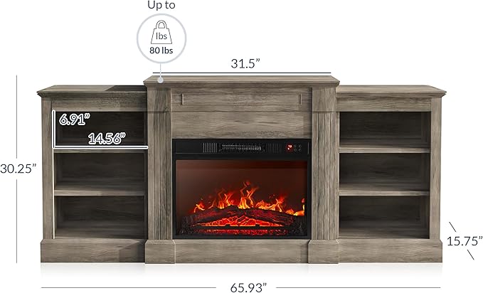 BELLEZE Modern 66" Electric Fireplace Heater Mantel TV Stand & Media Entertainment Center for TVs up to 66" with Energy-Efficient Heater with Sound and Side Shelves - Lenore (Grey)
