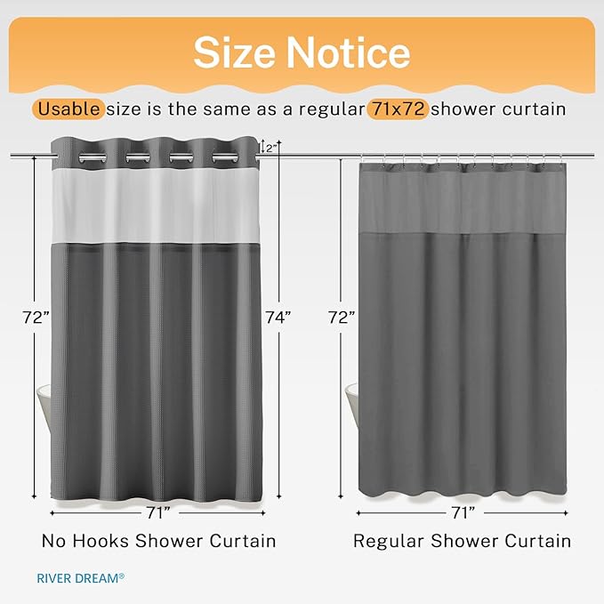 River Dream Heavyweight Grey No Hooks Required Dotted Waffle Weave Shower Curtain with Snap in Liner - 71W x 74H,Hotel Grade,Spa Like Bath Curtain,Gray