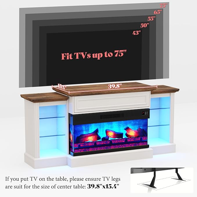 AMERLIFE 70" Fireplace TV Stand with Mantel, Farmhouse Wood Entertainment Center with 3-Sided Glass Fireplace for TVs up to 75", Adjustable Shelves & LED Lights, Distressed White