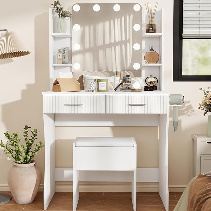 Small Vanity Desk with Mirror and Lights, Makeup Vanity Desk with 3 Color Modes Adjustable Bulb, 2 Large Drawers and 4 Open Storage Shelves, White Vanity with Charging Station for Bedroom