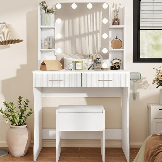 Small Vanity Desk with Mirror and Lights, Makeup Vanity Desk with 3 Color Modes Adjustable Bulb, 2 Large Drawers and 4 Open Storage Shelves, White Vanity with Charging Station for Bedroom