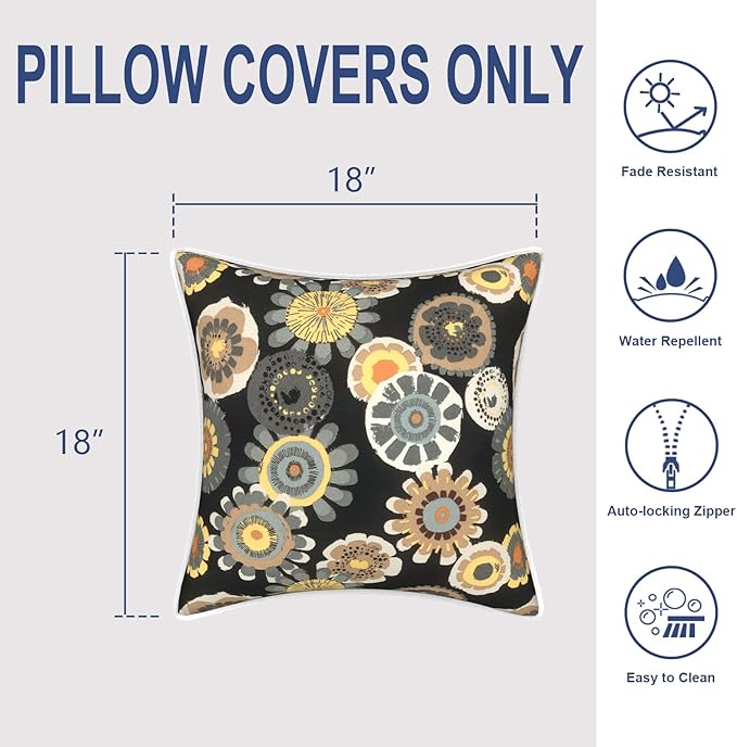 Outdoor Throw Pillow Covers Pack of 2, Decorative Water Repellent Square Pillow Cases 18x18 Inch, Patio Pillowcases for Home Patio Furniture Use, Black Yellow Crosby