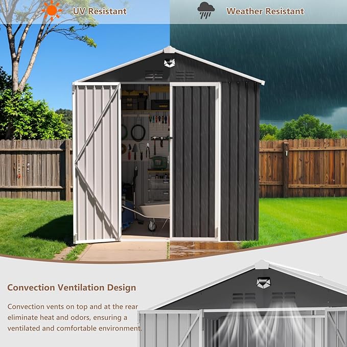 8X6 FT Outdoor Storage Shed, Metal Garden Shed - Tool Storage Sheds with Lockable Doors, Waterproof Outside Storage Building for Backyard, Patio (Black; Floor Not Included)