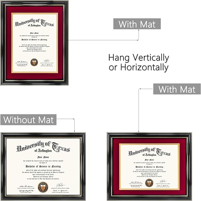 GraduationMall 8.5x11 Diploma Frame with Red over Gold Mat or Display 11x14 Certificate without Mat,Solid Wood & UV Protection Acrylic,Glossy Black Finish with Gold Trim,2 Pack