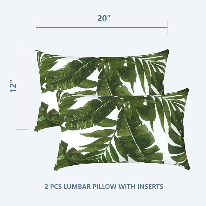 LVTXIII Set of 2 Patio Lumbar Pillows, 12”x20” Fade Resistant Outdoor Lumbar Pillow with Inners, Fluffy Decorative Garden Lumbar Cushions for Home Patio Coach Sofa Use, Palm Green