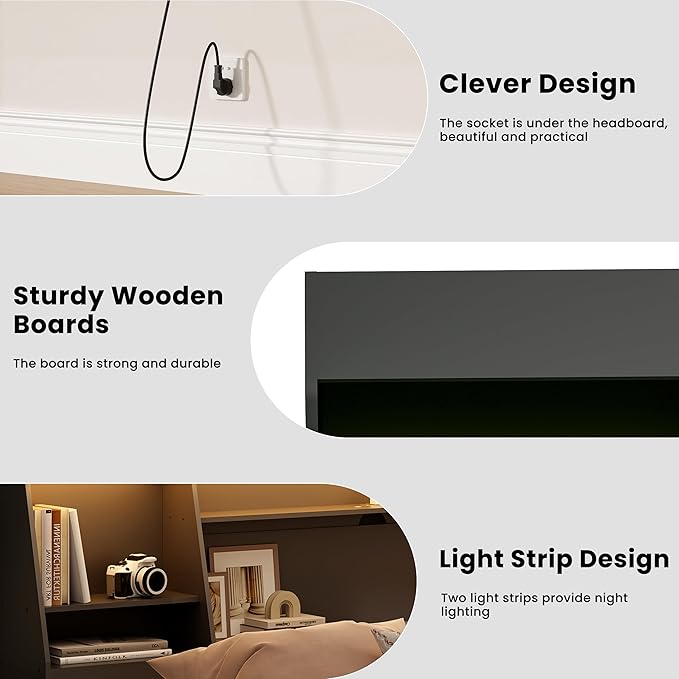 Queen/Full Headboard Only for Queen Bed, Wood Bookcase Head Board with Charging Station & 2 LED Lights, Stylish Noise-Free with Ample Storage for Bedroom, Height Adjustable, Black