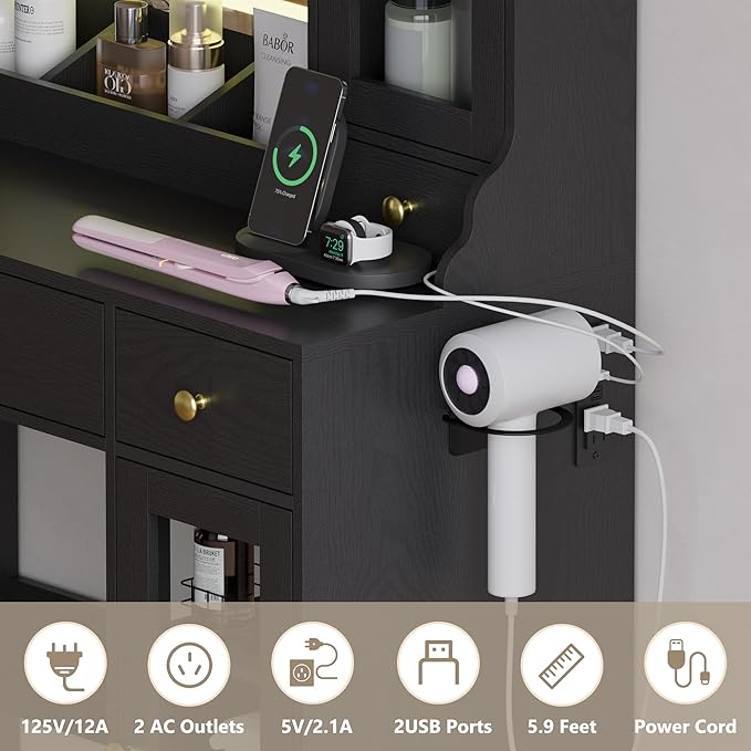 Vanity Desk with Mirror and Lights, Black Makeup Vanity Table with 3 Modes & Adjustable Brightness, Glass Cabinets, Drawers, Outlet, Modern Dressing Table for Bedroom, Girls, Women, Teens