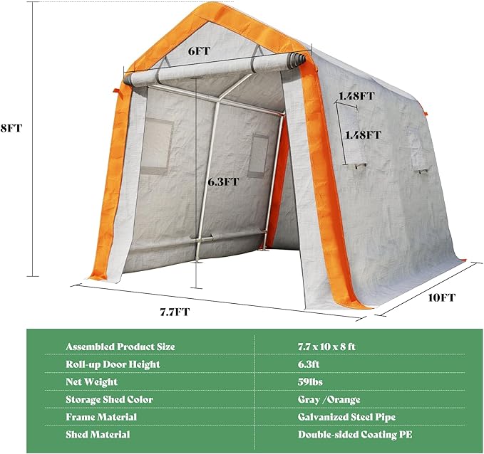 AMERLIFE 8x10x8 FT Heavy Duty Portable Shed Storage Shelter, Outdoor Storage Shed with 4 Waterproof Windows & Roll-Up Zipper Door, Carport for Motorcycle, Bike, Gray