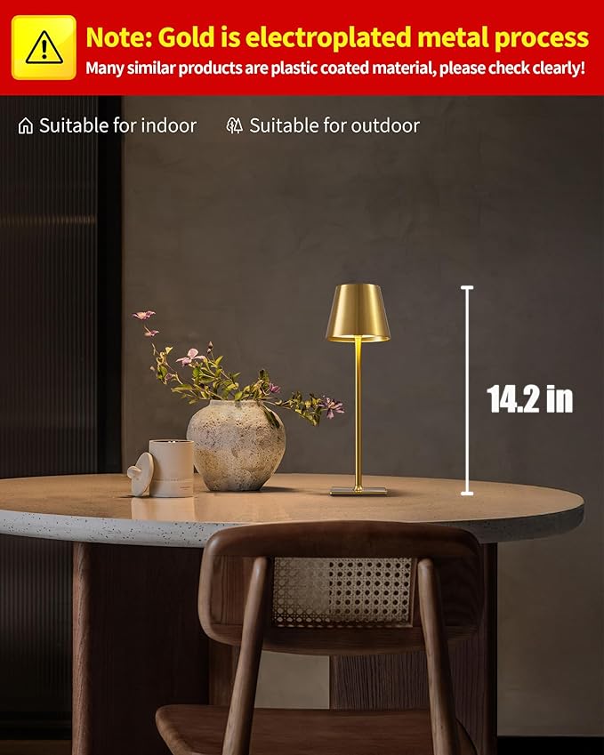 KDG 2 Pack Cordless Table Lamp,Portable LED Desk Lamp, 5000mAh Battery Operated, 3 Color Stepless Dimming Up, for Restaurant/Bedroom/Bars/Outdoor Party/Camping/Coffee Shop Night Light(Gold)