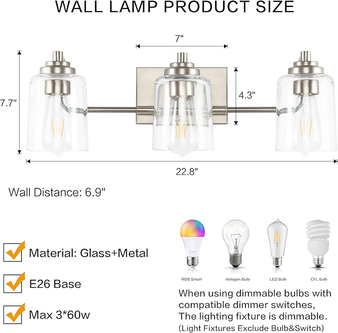 SOLFART Brushed Nickel Bathroom Lights Over Mirror 3 Lights Vanity Lights for Bathroom Bathroom Light Fixtures Vanity Lighting Mirror Lights