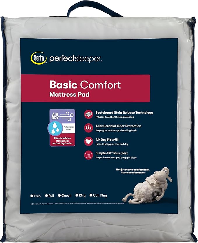 Serta Air Dry Basic Comfort Performance Fabric Quilted Mattress Pad, Cooling and Breathable Mattress Cover, Moisture Wicking Protection with 15" Deep Pocket, Twin, White