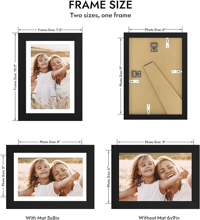 6x9 Picture Frame with Glass, Display Pictures 5x8 with Mat or 6 x 9 without Mat - Wall and Tabletop, 6 by 9 Photo Wooden Frames (Black, 1 Pack)