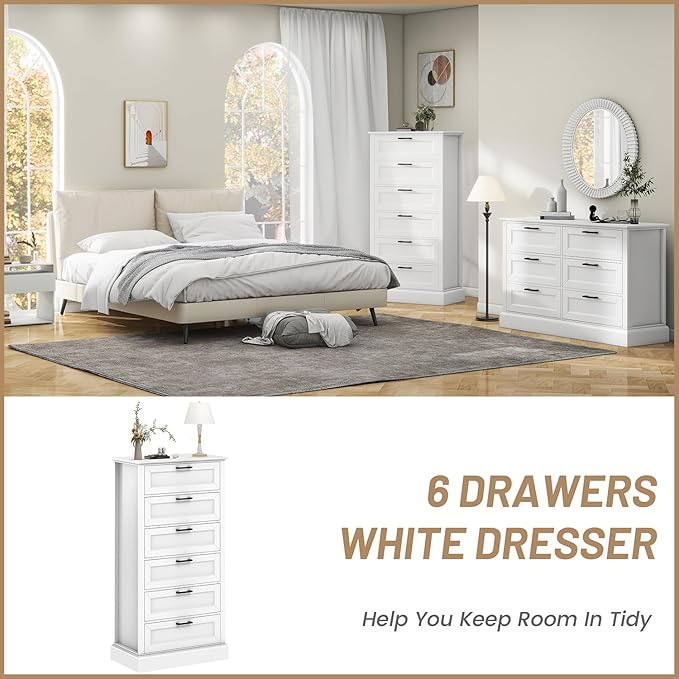 Tall White 6 Drawer Dresser, Wood Vertical Chest of Drawers for Bedroom, 55" H Modern Lingerie Dressers for Closet, Living Room, Hallway and Home Office