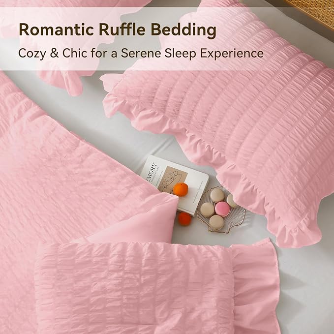 JOLLYVOGUE Pink Twin Size Comforter Set, 2 Pieces Seersucker Lightweight Fluffy Bedding Set, Twin Ruffle Comforter, All Season Soft Microfiber Shabby Chic Bed Set