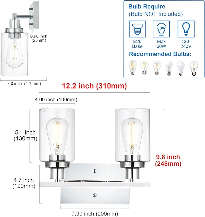 MELUCEE Sconces Wall Lighting Chrome 2-Light, Modern Bathroom Lights Over Mirror Contemporary Vanity Lighting Fixture with Clear Glass Shade (Patent No.: US D963914 S)