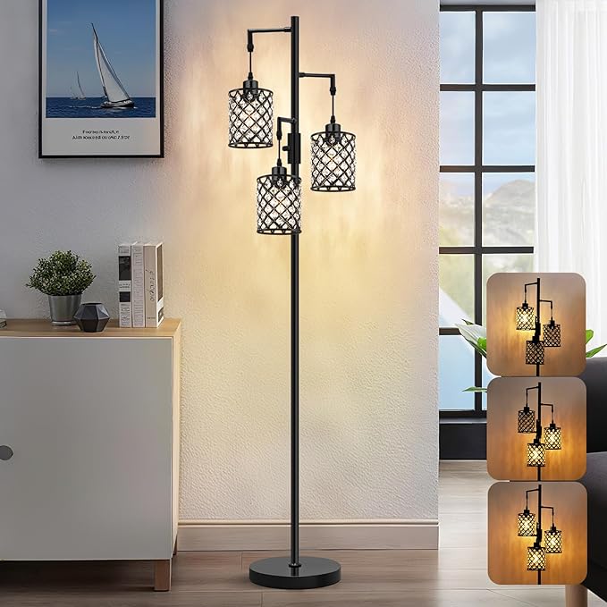 GyroVu Crystal Floor Lamps for Living Room, 3-Light Black Floor Lamp, Standing Tall Lamp with Elegant K9 Crystal Shade & Rotary Switch, Modern Corner Floor Lamp for Bedroom, Home Office, Reading