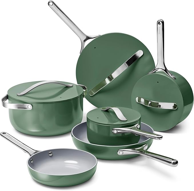 Caraway Deluxe Nonstick Ceramic Cookware Set (16 Piece) Pots, Frying Pans, Lids and Kitchen Storage - PFAS & PFOA Free - Oven Safe Ceramic Pan Set & Compatible with All Stovetops - Sage