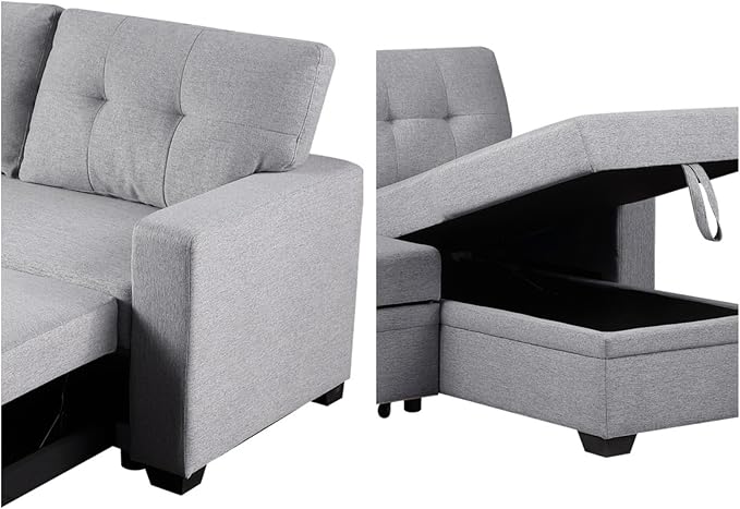 L-Shape Sofa Bed, 82" Sectional Couch with Storage Chaise, Pull Out Sleeper Sofa with Removable Back Cushions, Convertible Corner Couch for Living Room Apartment, Gray